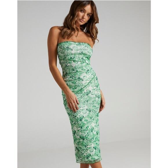 Showpo Brunetta Strapless Bodycon Midi Dress 4 Green Floral Summer Boho Luxe - Picture 2 of 12